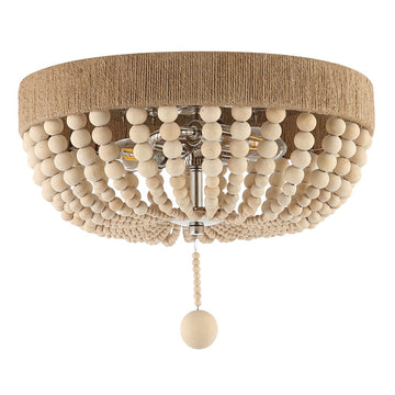 Justina Wood Bead 14" Farmhouse Bohemian Iron LED Flush Mount - JONATHAN Y